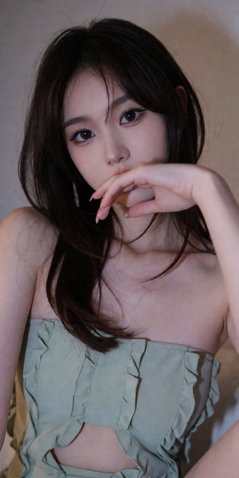 leaning forward towards lens,  resting chin on hand obscuring mouth and lower face,  elongated pose on Tensor.Art