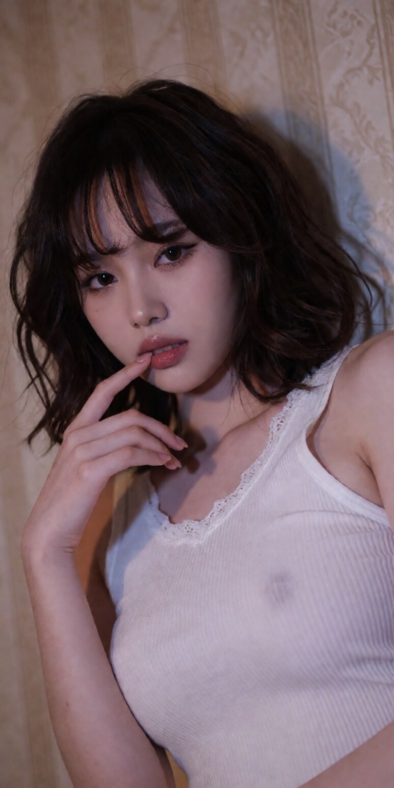 leaning slightly forward,  finger gently touching lower lip,  poised casual pose on Tensor.Art