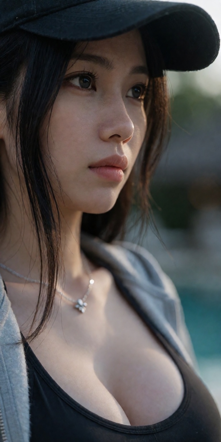 outdoor blurred resort bokeh background,  soft rim lighting contouring face,  85mm f/1.2 DSLR portrait lens on Tensor.Art