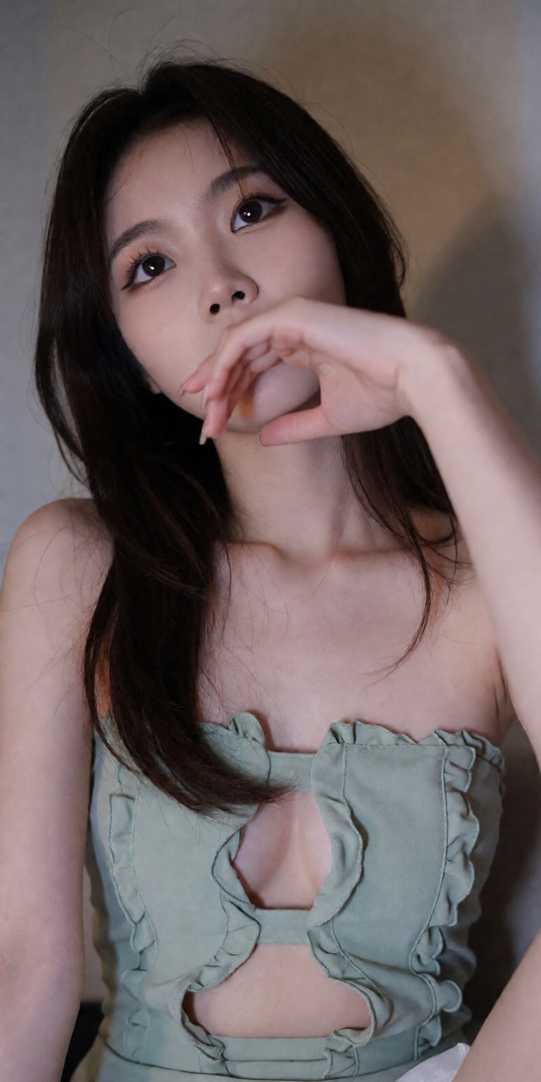 leaning forward towards lens,  resting chin on hand obscuring mouth and lower face,  elongated pose on Tensor.Art