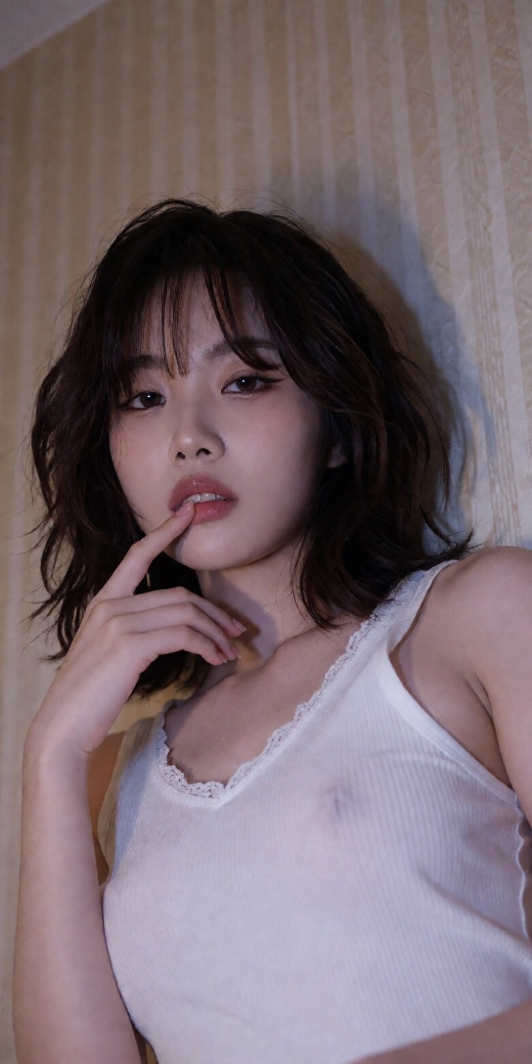 leaning slightly forward,  finger gently touching lower lip,  poised casual pose on Tensor.Art