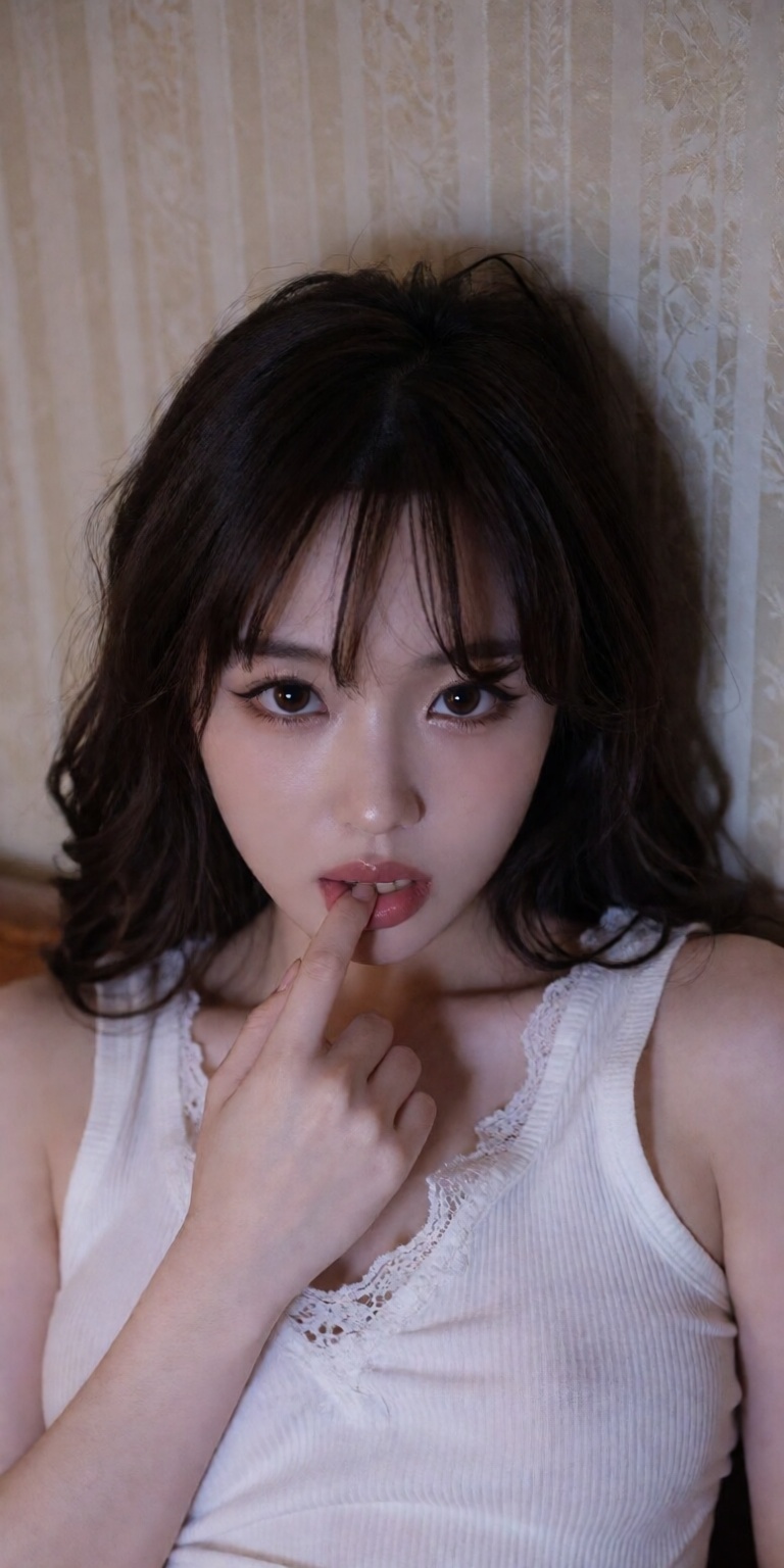 looking up directly into camera,  finger touching glossy lower lip, on Tensor.Art