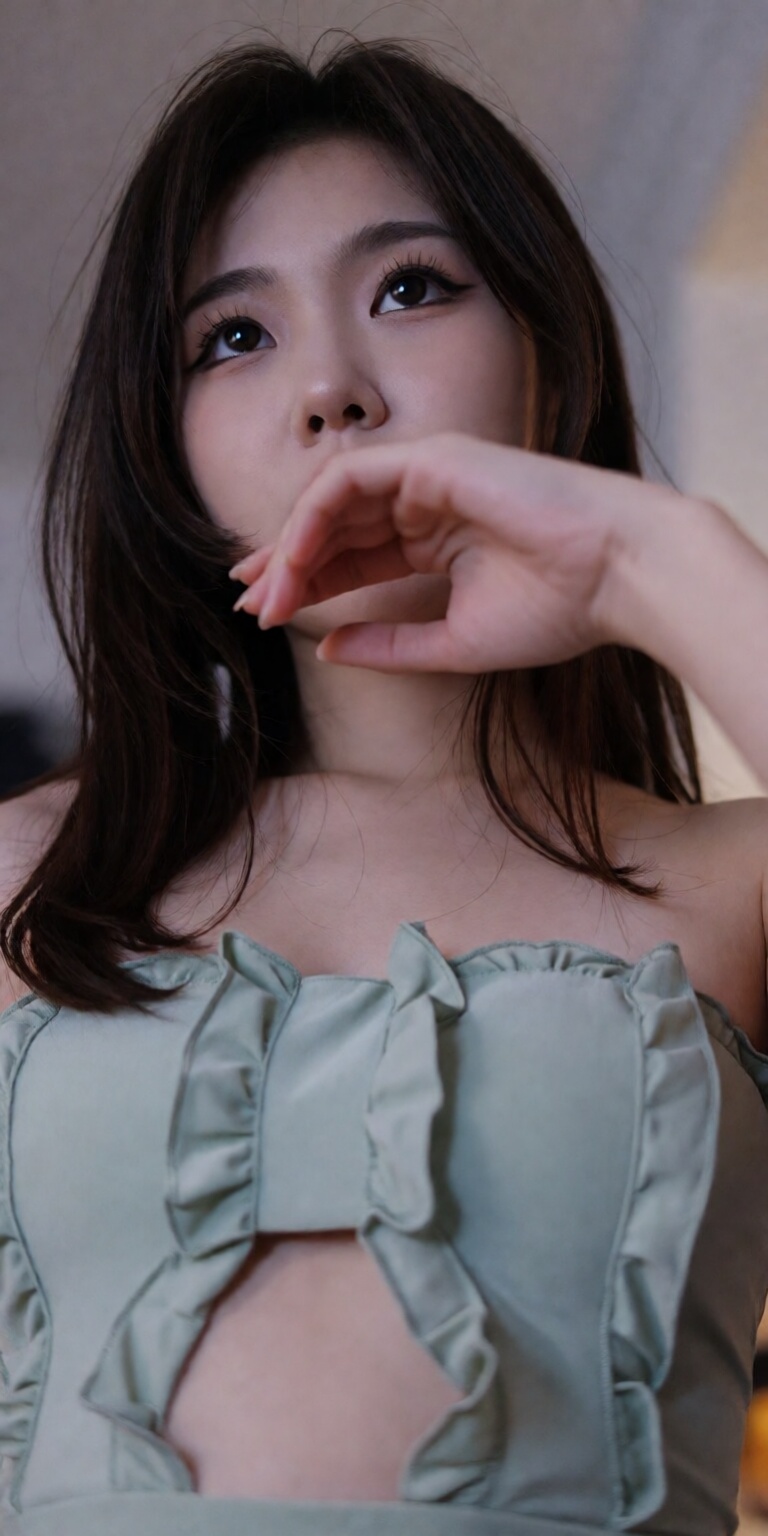 leaning forward towards lens,  resting chin on hand obscuring mouth and lower face,  elongated pose on Tensor.Art