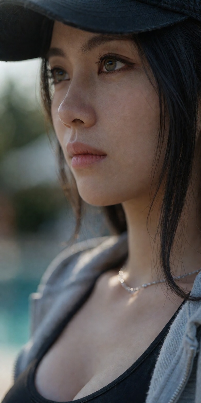 outdoor blurred resort bokeh background,  soft rim lighting contouring face,  85mm f/1.2 DSLR portrait lens on Tensor.Art
