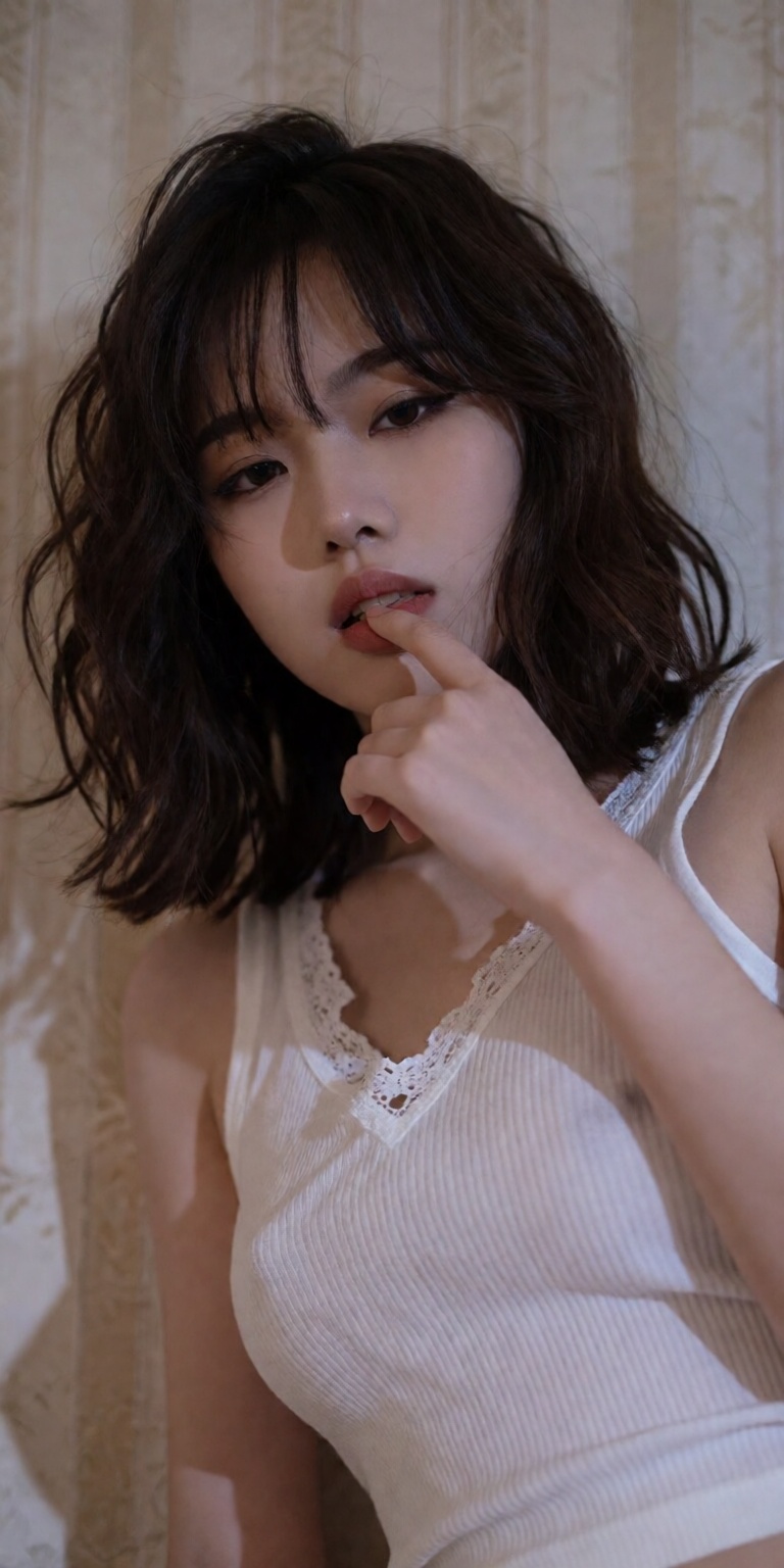 leaning slightly forward,  finger gently touching lower lip,  poised casual pose on Tensor.Art