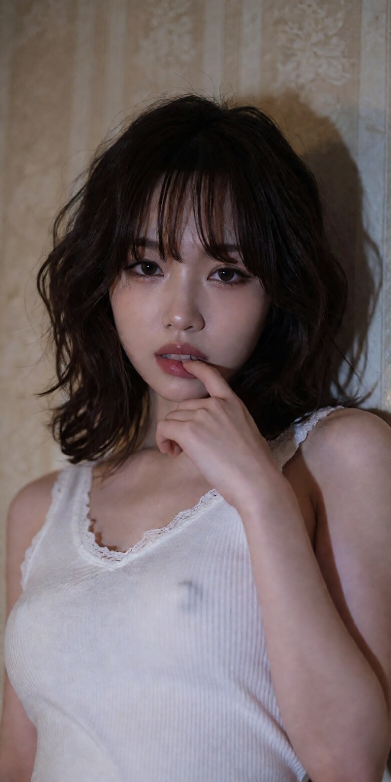 leaning slightly forward,  finger gently touching lower lip,  poised casual pose on Tensor.Art