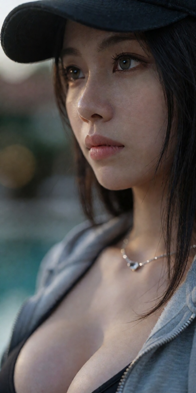 outdoor blurred resort bokeh background,  soft rim lighting contouring face,  85mm f/1.2 DSLR portrait lens on Tensor.Art