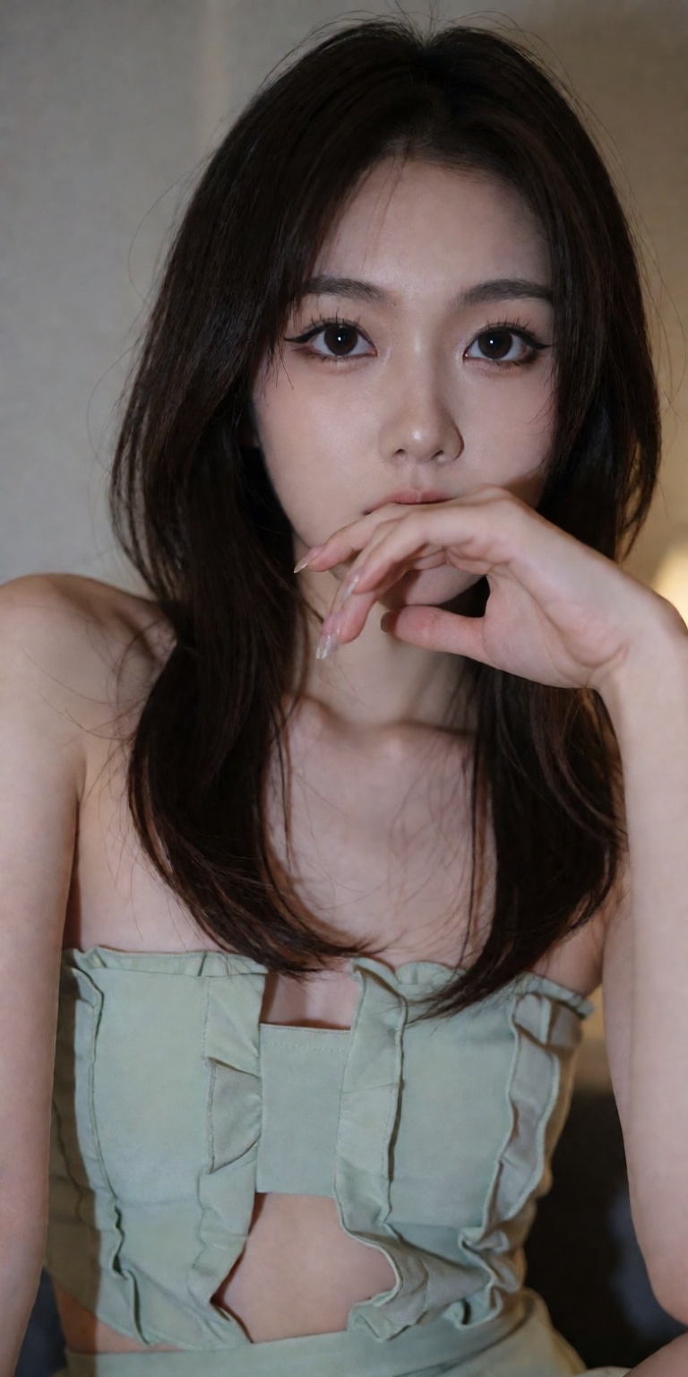 leaning forward towards lens,  resting chin on hand obscuring mouth and lower face,  elongated pose on Tensor.Art