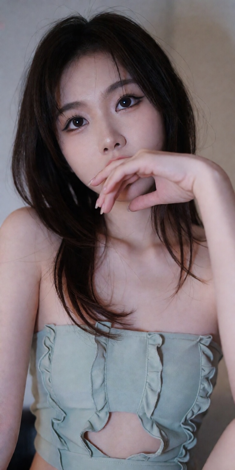 leaning forward towards lens,  resting chin on hand obscuring mouth and lower face,  elongated pose on Tensor.Art