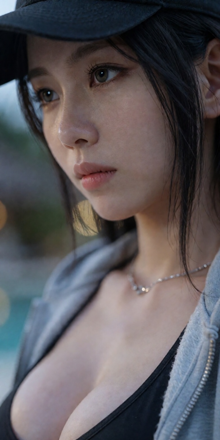 outdoor blurred resort bokeh background,  soft rim lighting contouring face,  85mm f/1.2 DSLR portrait lens on Tensor.Art