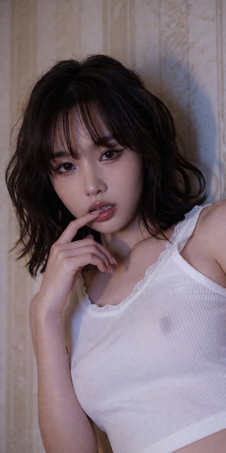 leaning slightly forward,  finger gently touching lower lip,  poised casual pose on Tensor.Art