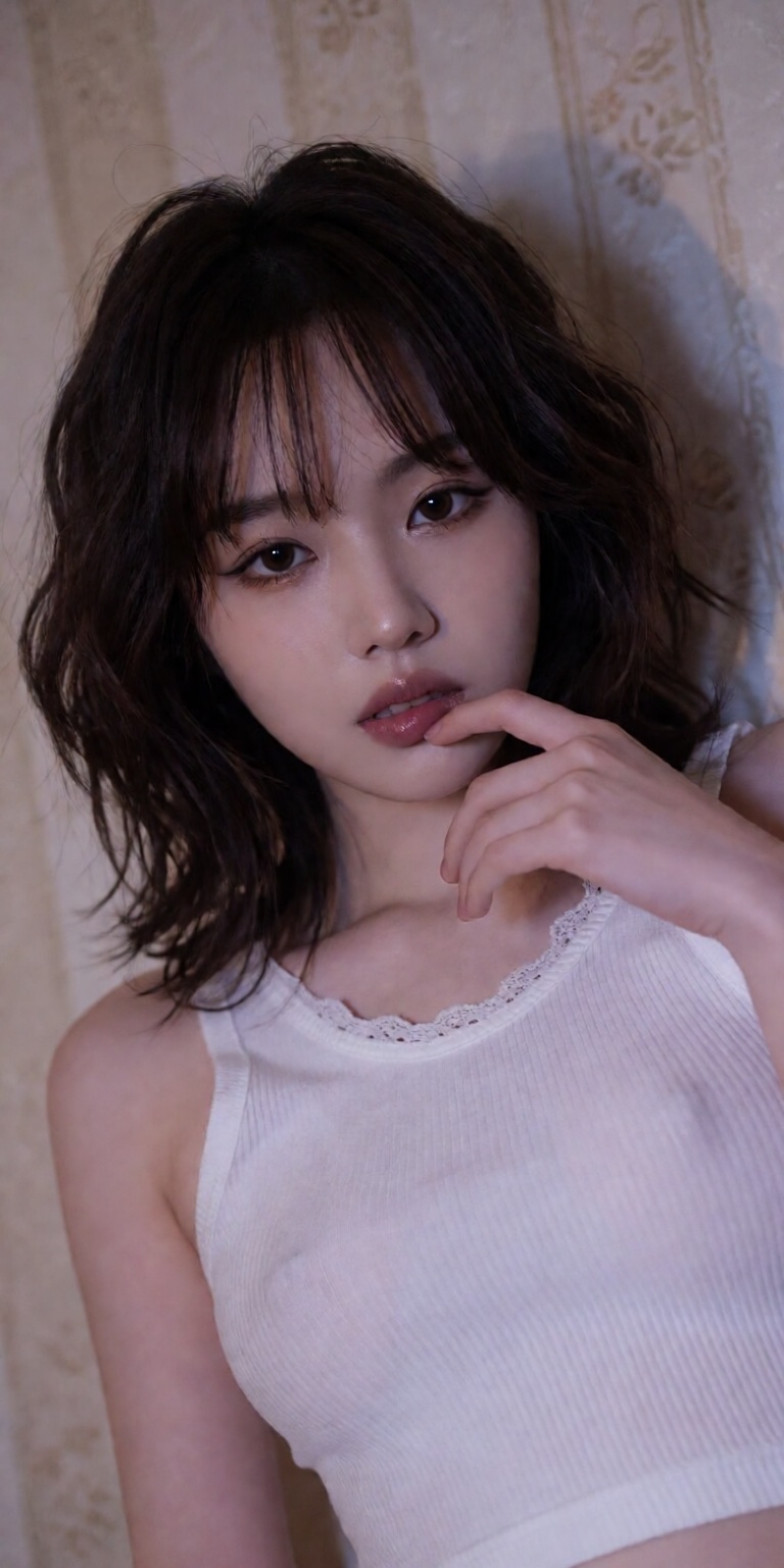 leaning slightly forward,  finger gently touching lower lip,  poised casual pose on Tensor.Art