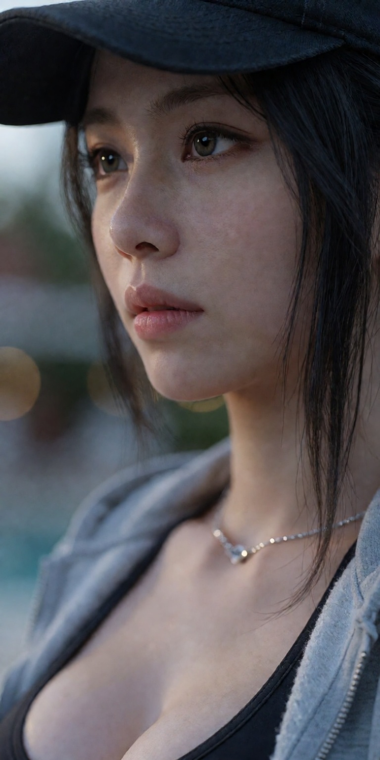 outdoor blurred resort bokeh background,  soft rim lighting contouring face,  85mm f/1.2 DSLR portrait lens on Tensor.Art