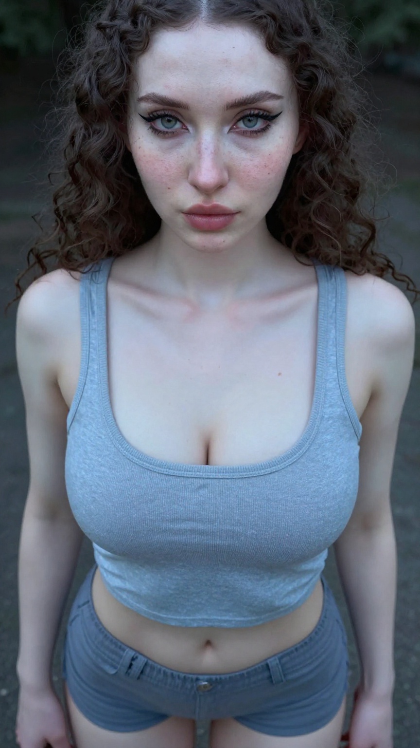 Create a half body shot image from head to thighs of extreme pale skin European woman with detailed facial features. She h...