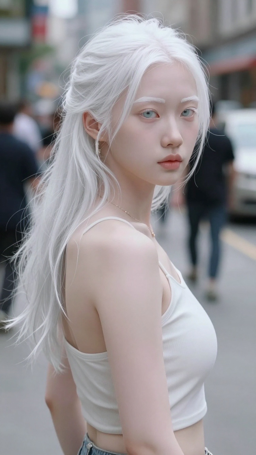 Albino sexy women in City,  extreme realistic,  street photography on Tensor.Art