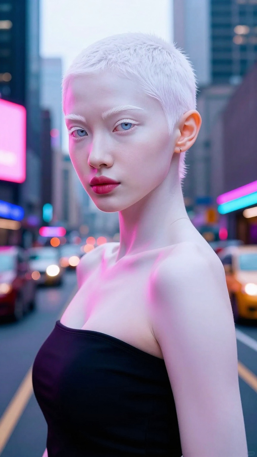 Create a realistic portrait of an albino Indian woman with pale albino skin. Capture her in a dynamic urban setting,  exud...