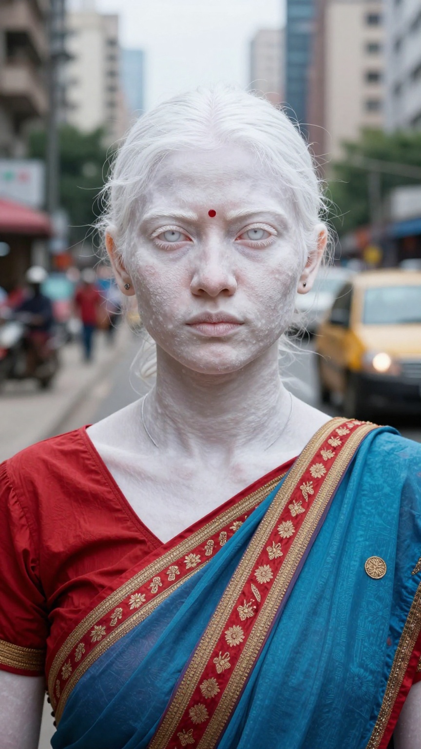 Create a realistic portrait of an albino Indian woman in a city setting. Focus on capturing her unique features and the co...
