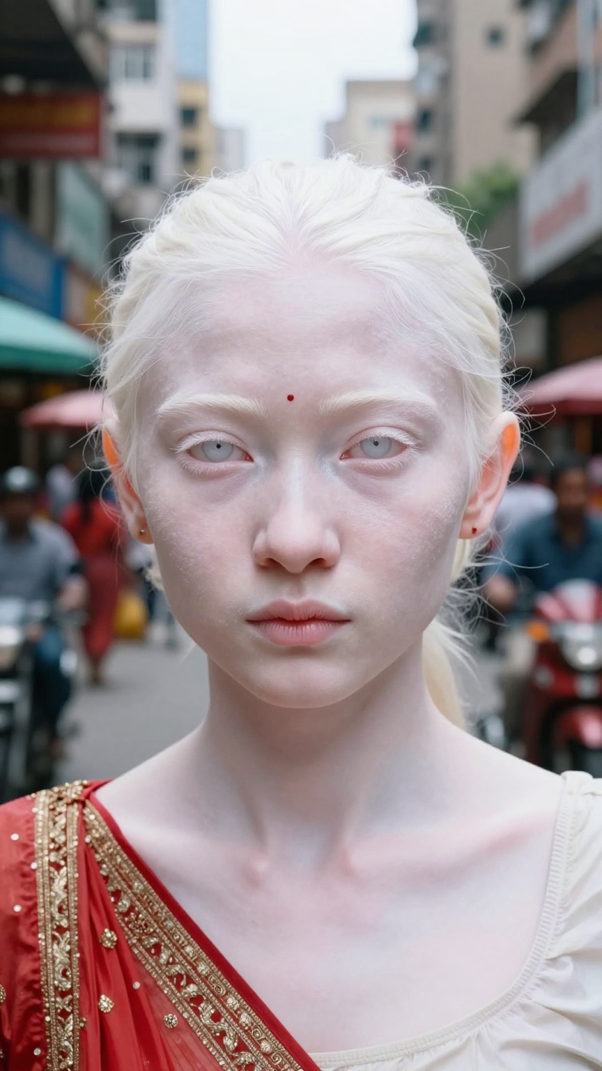 Create a realistic portrait of an albino Indian woman against a bustling city backdrop. Capture her delicate features and...