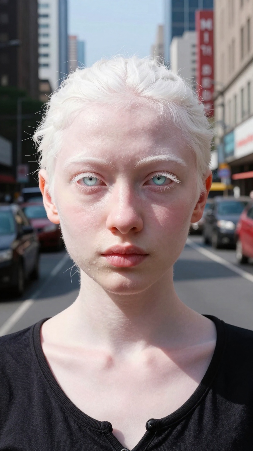 Create a realistic portrait of an albino Indian woman in a city setting. Capture her delicate features and unique skin ton...