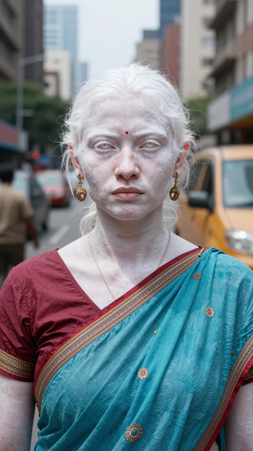 Create a realistic portrait of an albino Indian woman in a city setting. Focus on capturing her unique features and the co...
