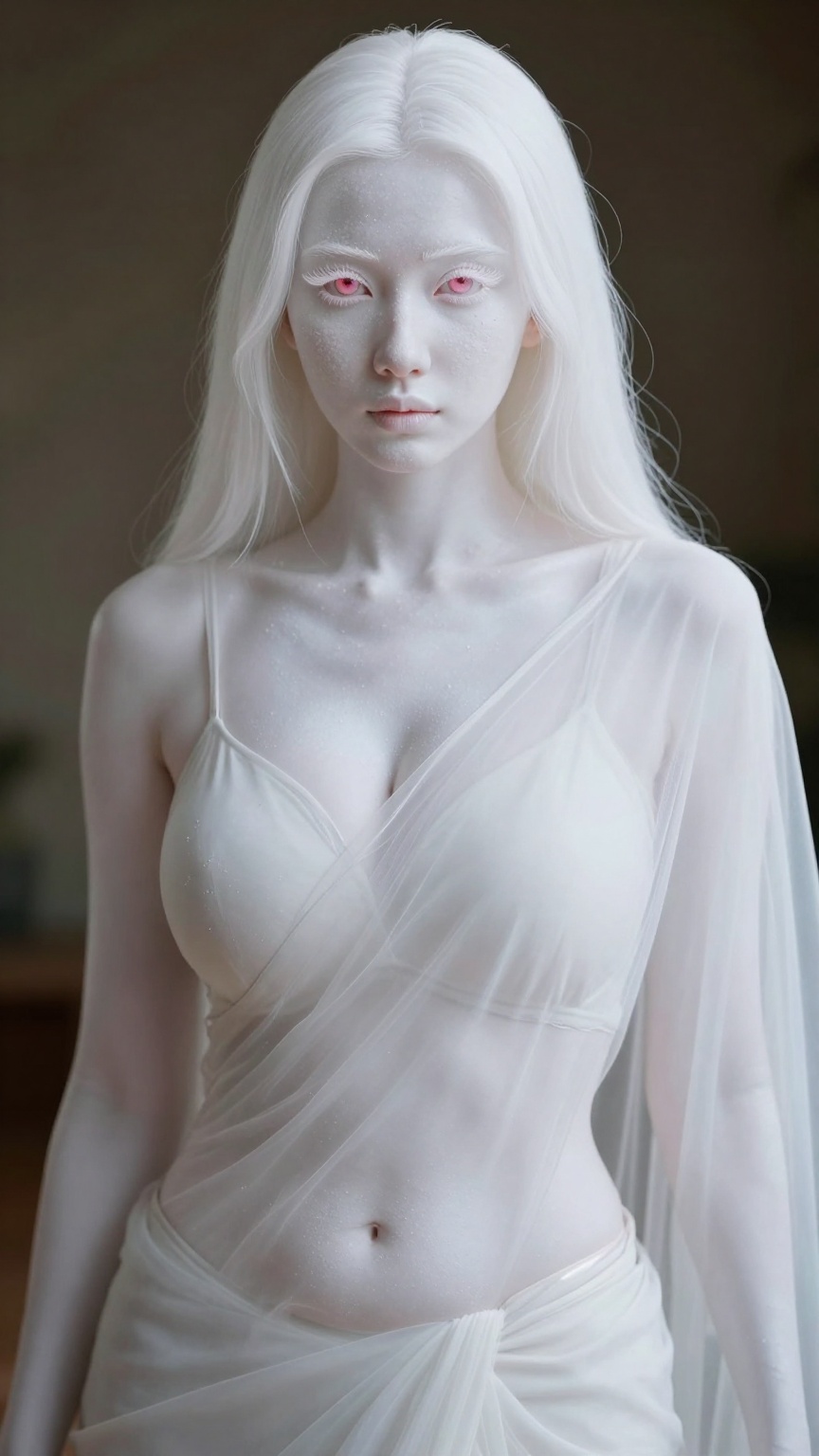 Stunning Indian albino white skin woman mid-20s,  extreme pale translucent white skin with fine pores and natural grain,...