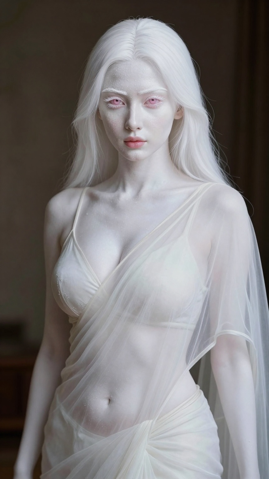 Stunning Indian albino white skin woman mid-20s,  extreme pale translucent white skin with fine pores and natural grain,...