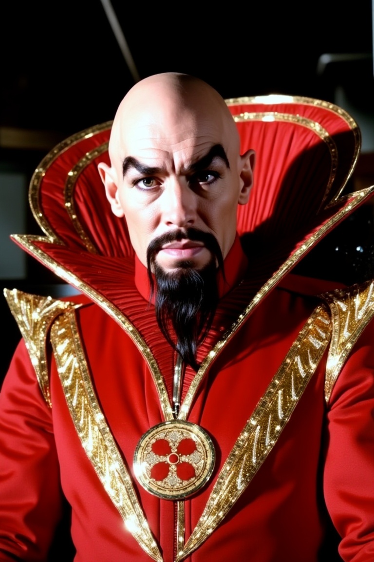 A bald man with a striking,  sharp-angled face and a prominent black goatee sits in a three-quarter pose,  gaze directed a...