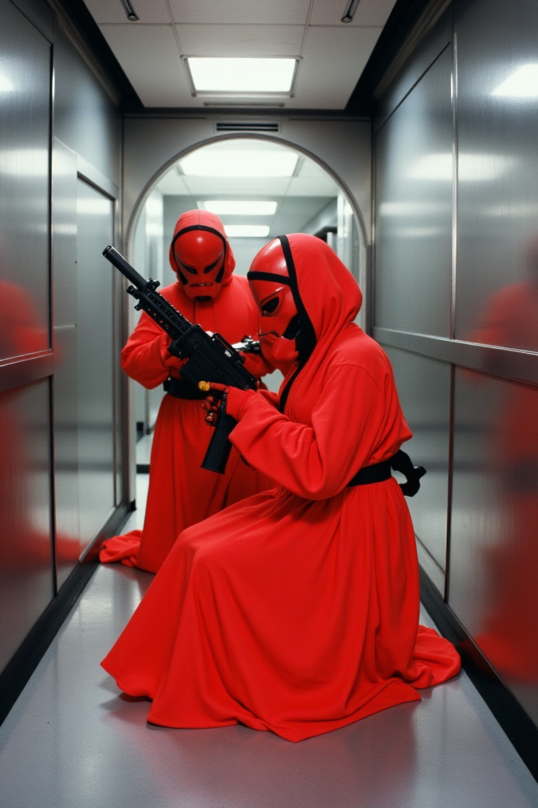 Two figures dressed in long,  flowing,  vibrant red robes and distinct red masks with black trim are positioned inside a f...