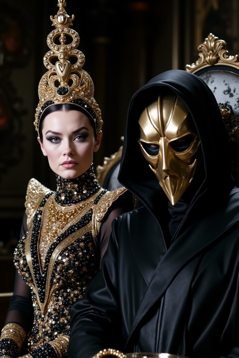 Cinematic close-up of a woman and a cloaked figure seated side-by-side. The woman on the left has pale skin,  dark makeup,...