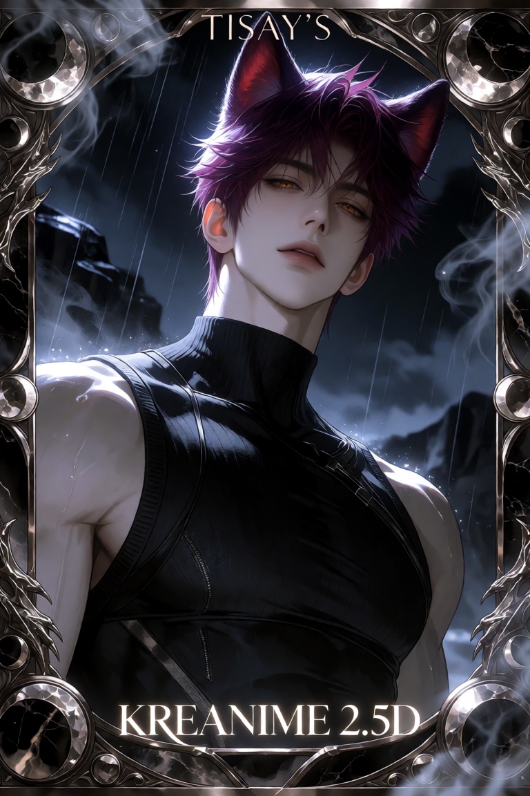 (very bottom tasteful position medium centered glowing bottom stylish text "KREANIME 2.5D"),  (top title text,  top center...