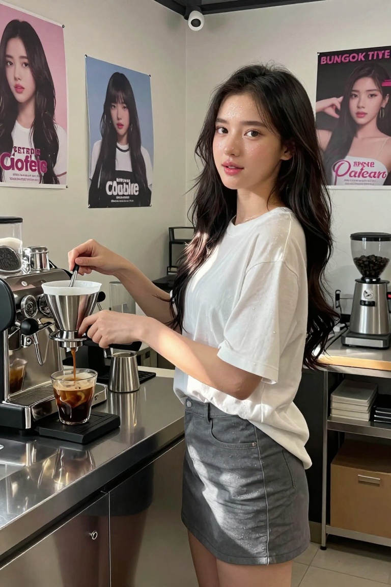 Create a scene where a young woman,  dressed in an oversized t-shirt and mini skirt,  stands confidently at the counter. H...