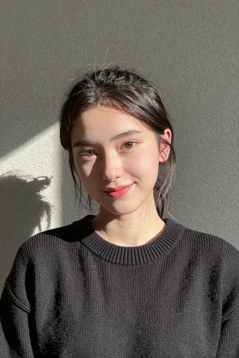 Create an Instagram photo 23-year-old wearing a black sweater.highlight her pale skin. Capture her with a soft smile (smil...