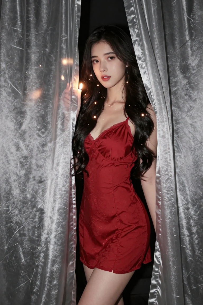 cinematic of a 20-year-old woman standing against a dark backdrop,  long hair radiating like a silk curtain framing her fe...