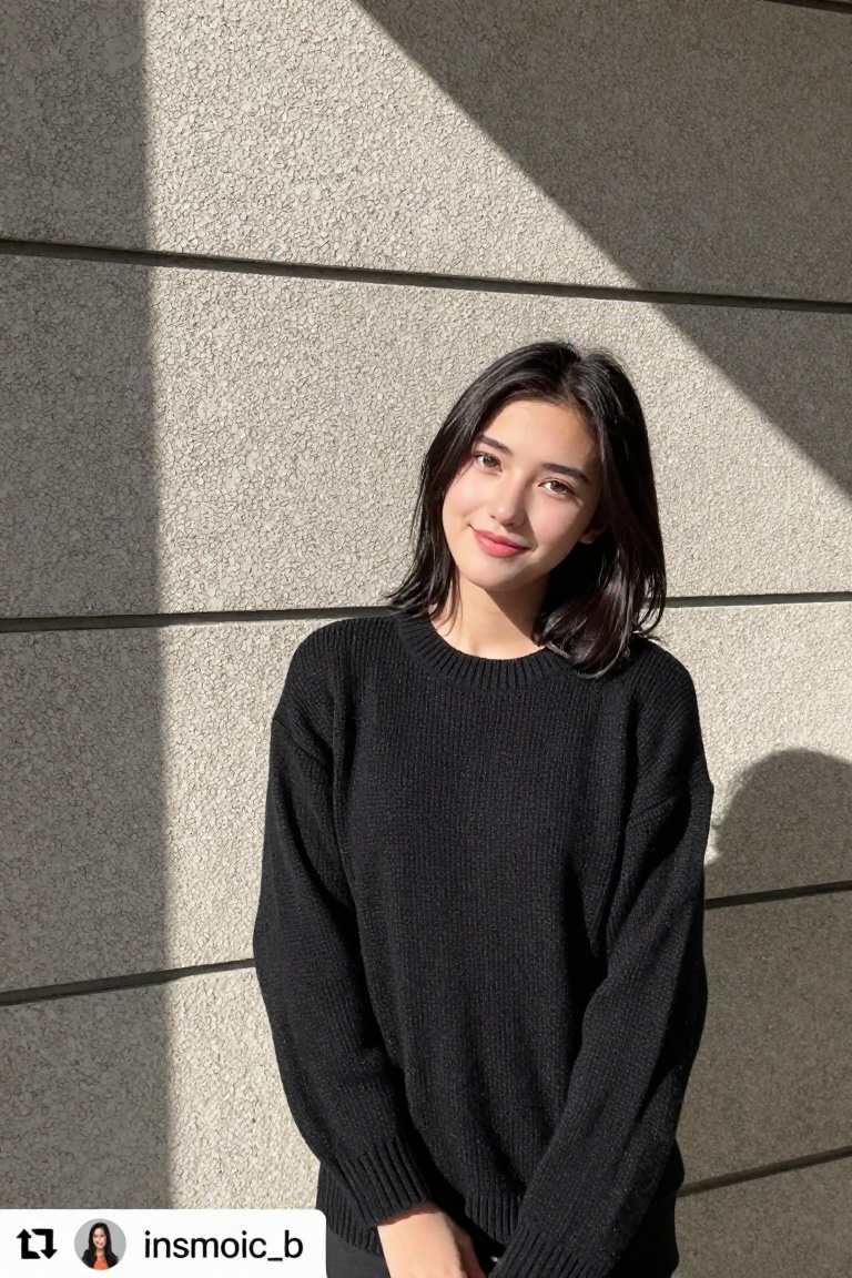 Create an Instagram photo 23-year-old wearing a black sweater.highlight her pale skin. Capture her with a soft smile (smil...
