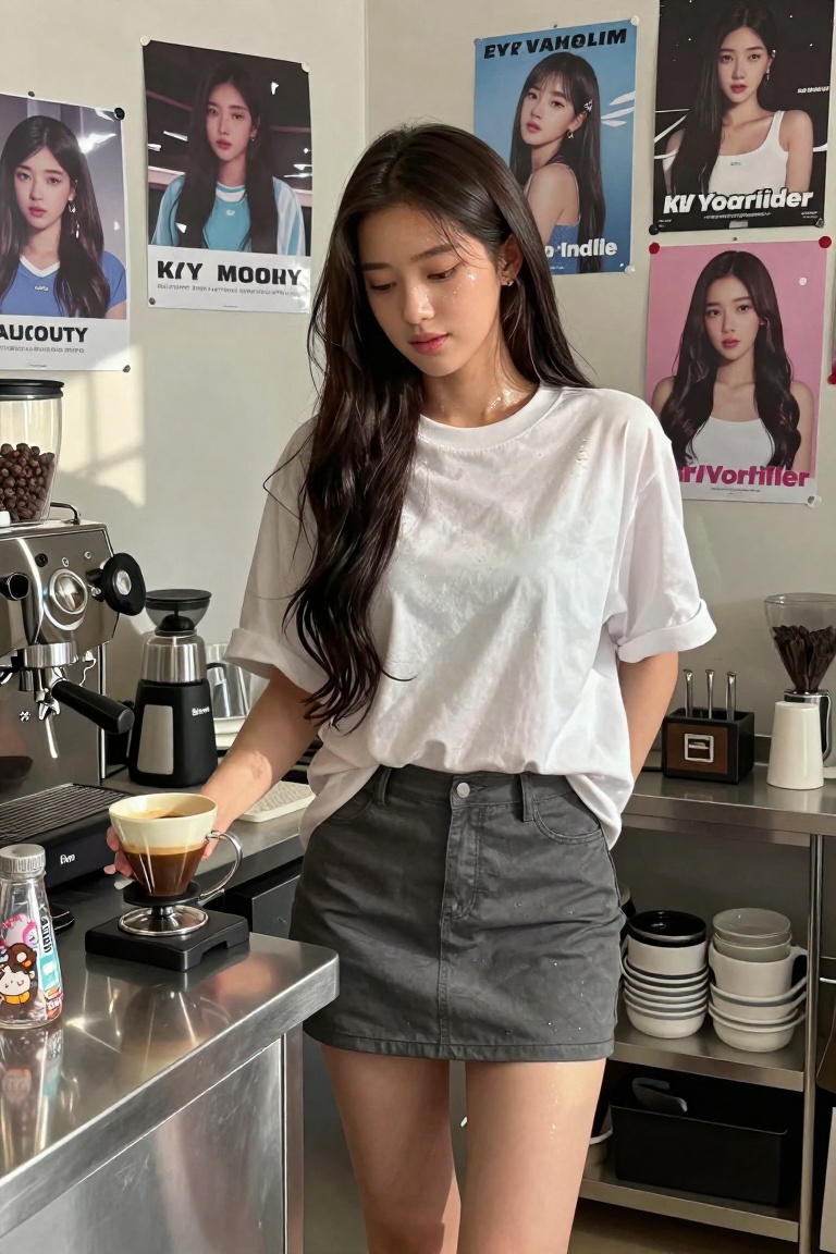 Create a scene where a young woman,  dressed in an oversized t-shirt and mini skirt,  stands confidently at the counter. H...