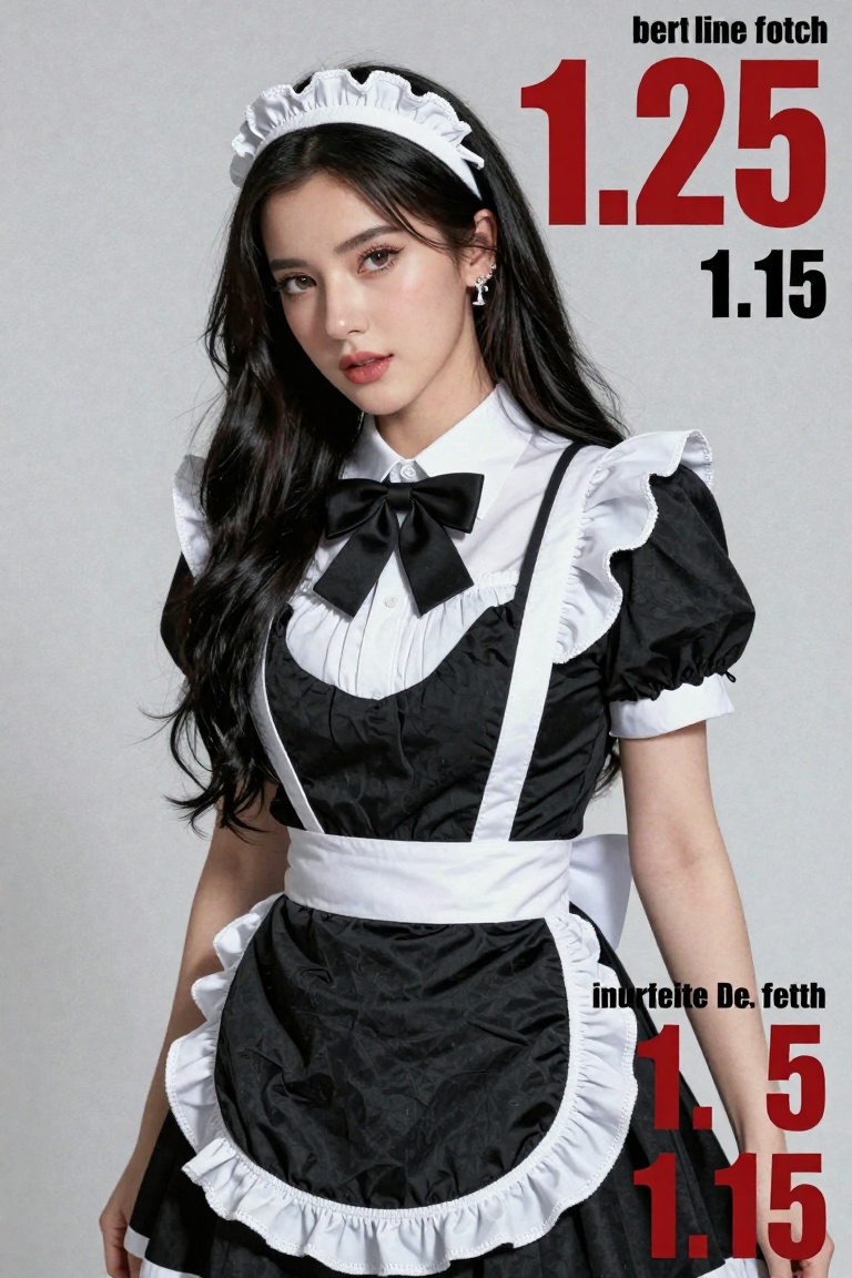 Create a stunning editorial high-fashion image of a woman dressed in a black and white maid outfit. She wears a black bow...