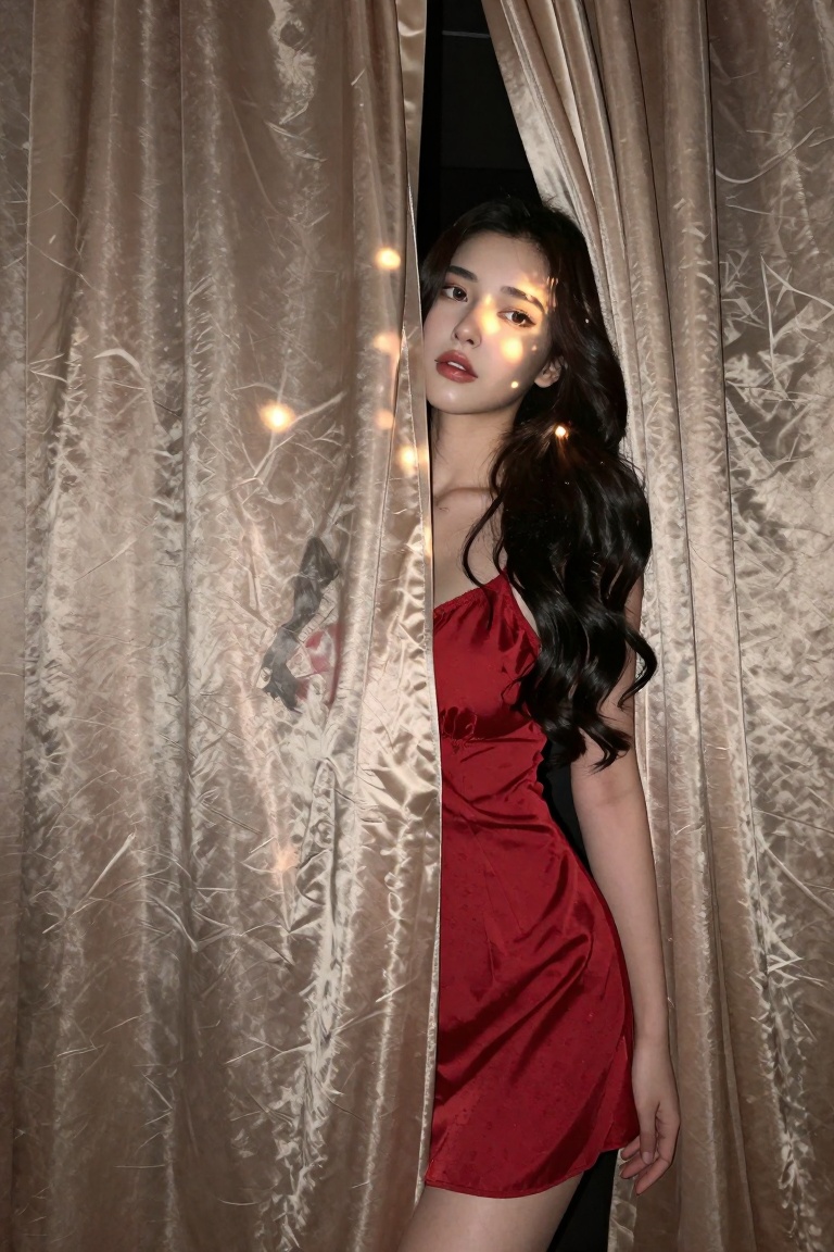 cinematic of a 20-year-old woman standing against a dark backdrop,  long hair radiating like a silk curtain framing her fe...