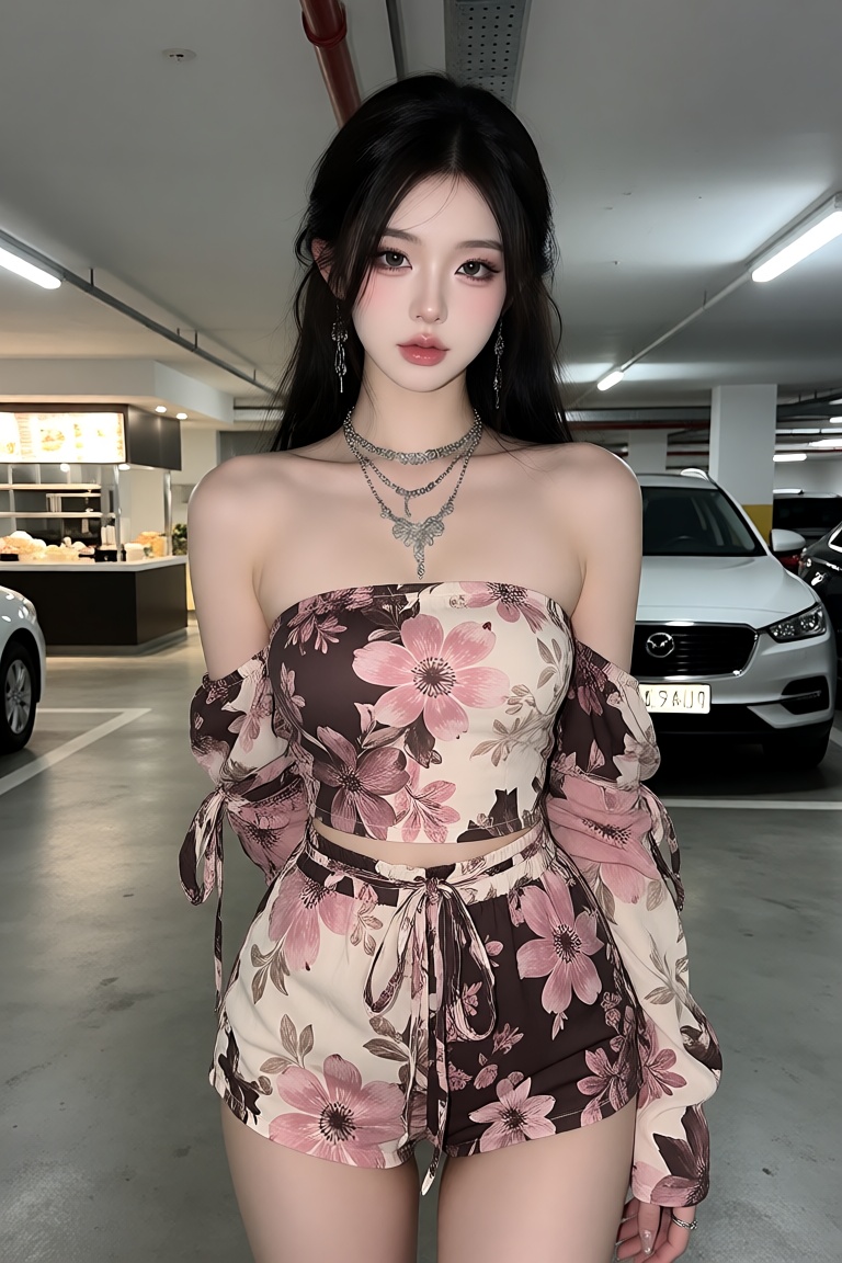 this is a photograph of an asian woman standing in a modern,  indoor parking garage,  she has a fair complexion on Tensor.Art