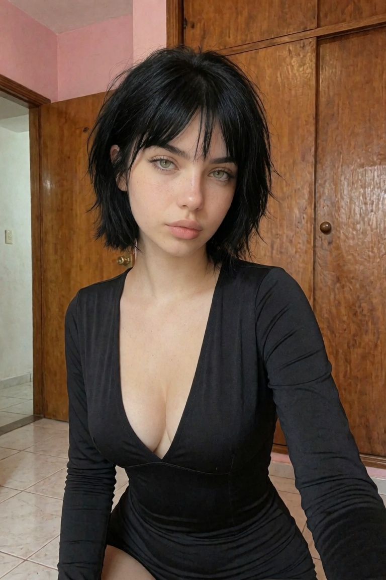Short hair,  black hair. Green eyes. The image shows a young woman is wearing a black,  form-fitting outfit with long slee...