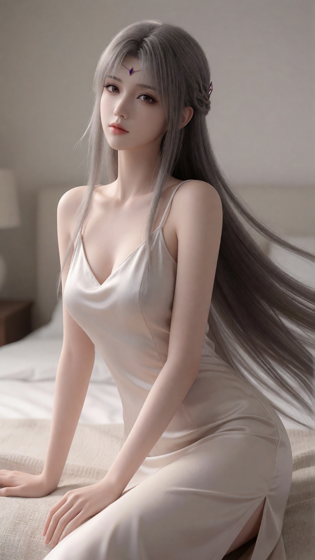 xiaoyixian,  An elegant indoor advertising photograph showcasing a model with long,  flowing hair and a graceful posture o...