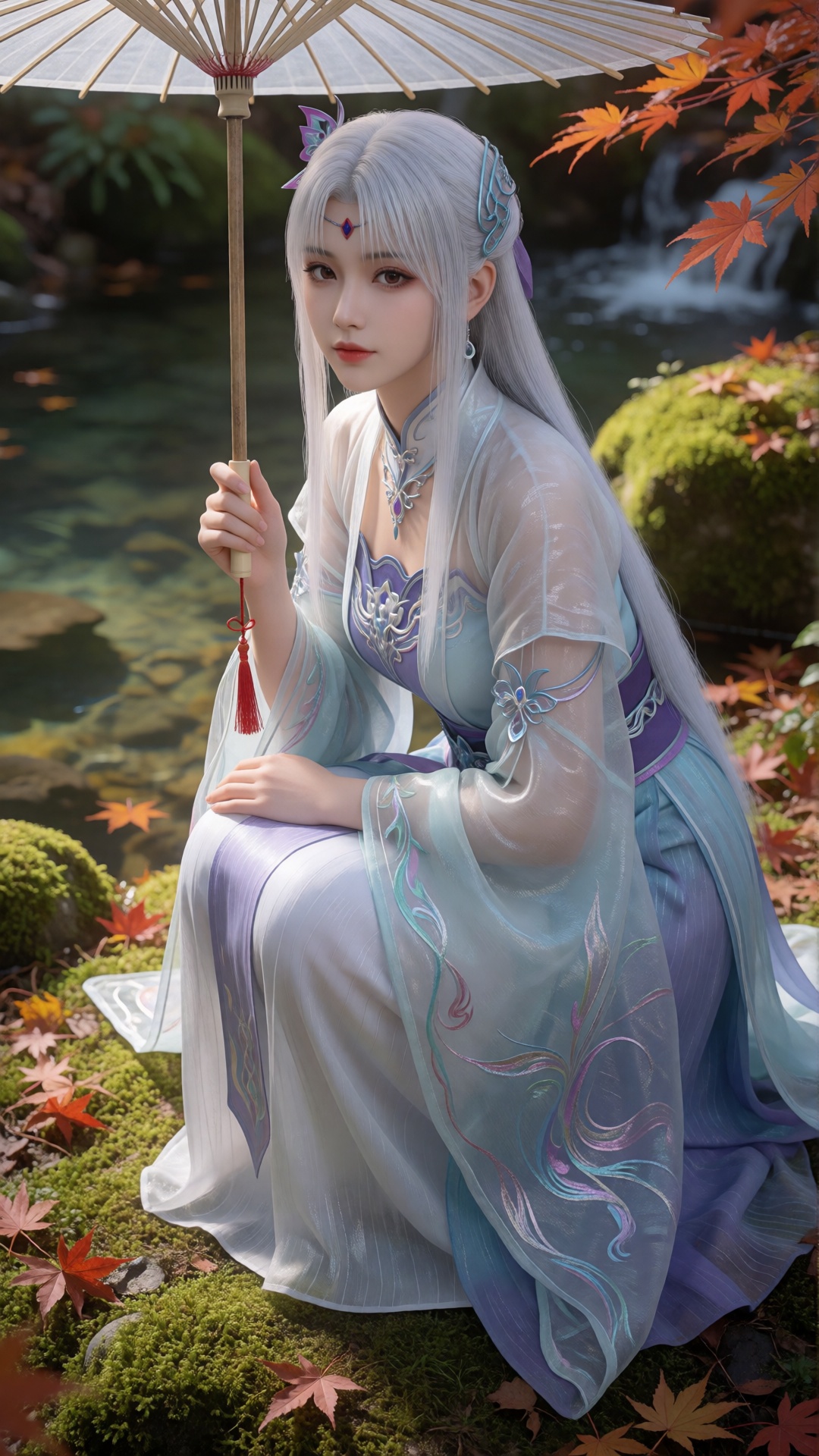xiaoyixian,  An Asian woman wearing Hanfu is squatting on the ground Aestheticism. The scene is like a fairyland. Makeup M...