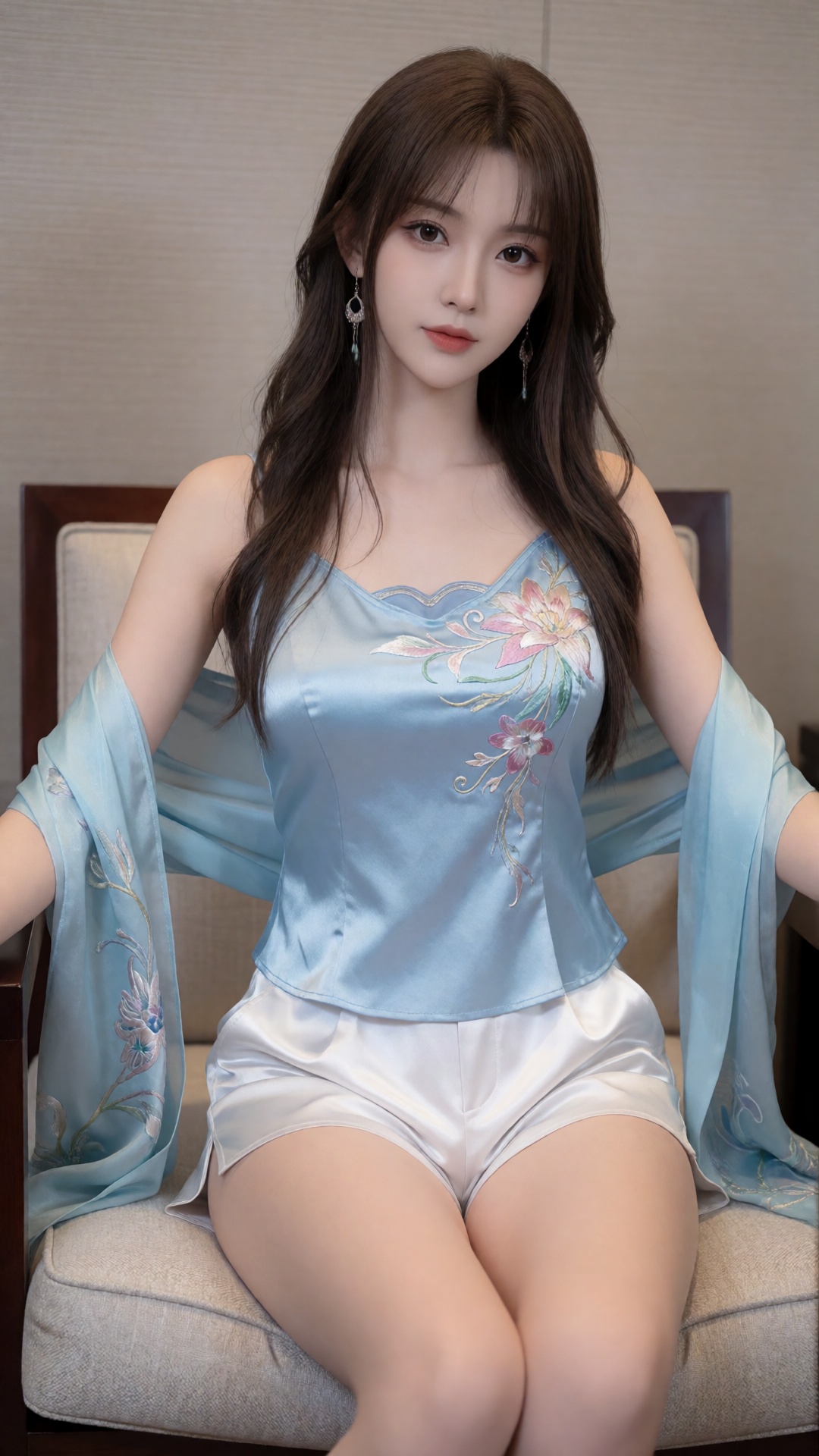 xiaoyixian,  The image depicts a young woman sitting on a cushioned chair. She is wearing a light blue silk camisole with...