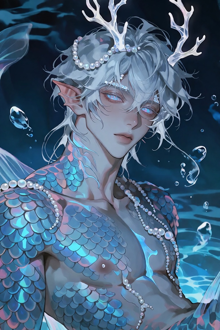 A striking portrait of a merman,  with white flowing hair adorned with iridescent pearl beads and intricate white coral an...