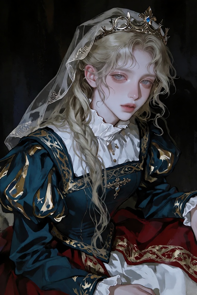 A pale-skinned woman with long,  wavy blonde hair adorned with a delicate tiara and veil,  gazing towards the viewer with...