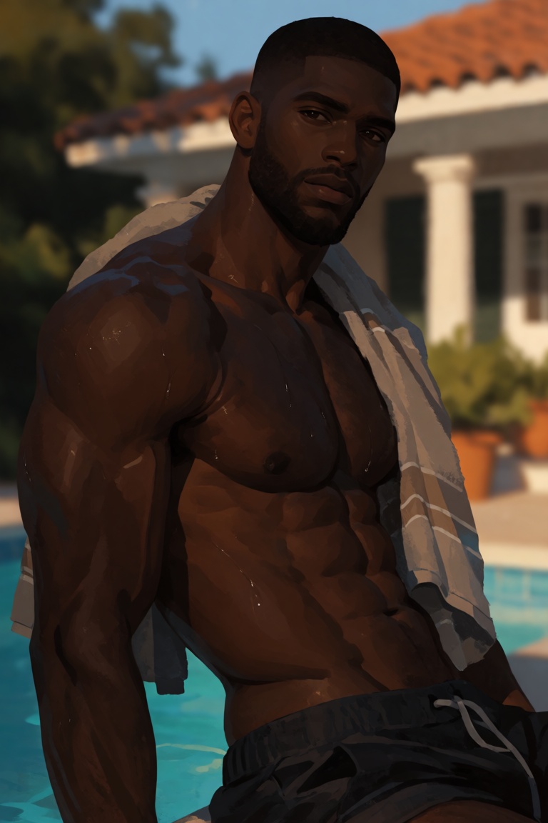 Character: Create an image of a mature,  African-featured male ***** who is handsome and stands with a dark buzzcut hairst...