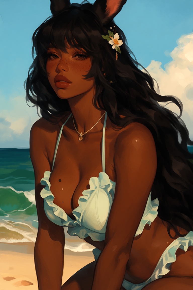 Create a vibrant scene featuring a dark-skinned woman with long,  flowing black hair adorned with a delicate hair ornament...