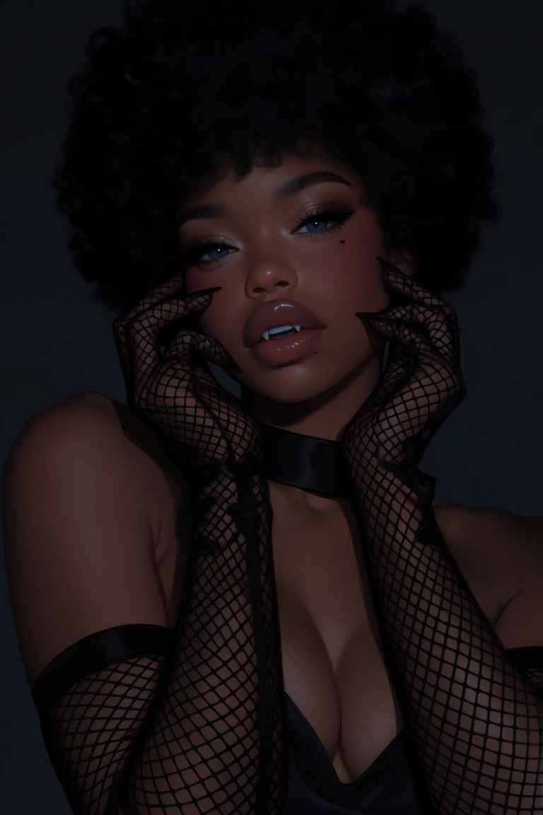 Create a portrait of a woman,  solo,  looking directly at the viewer with her blue eyes. She has black afro hair. Her skin...
