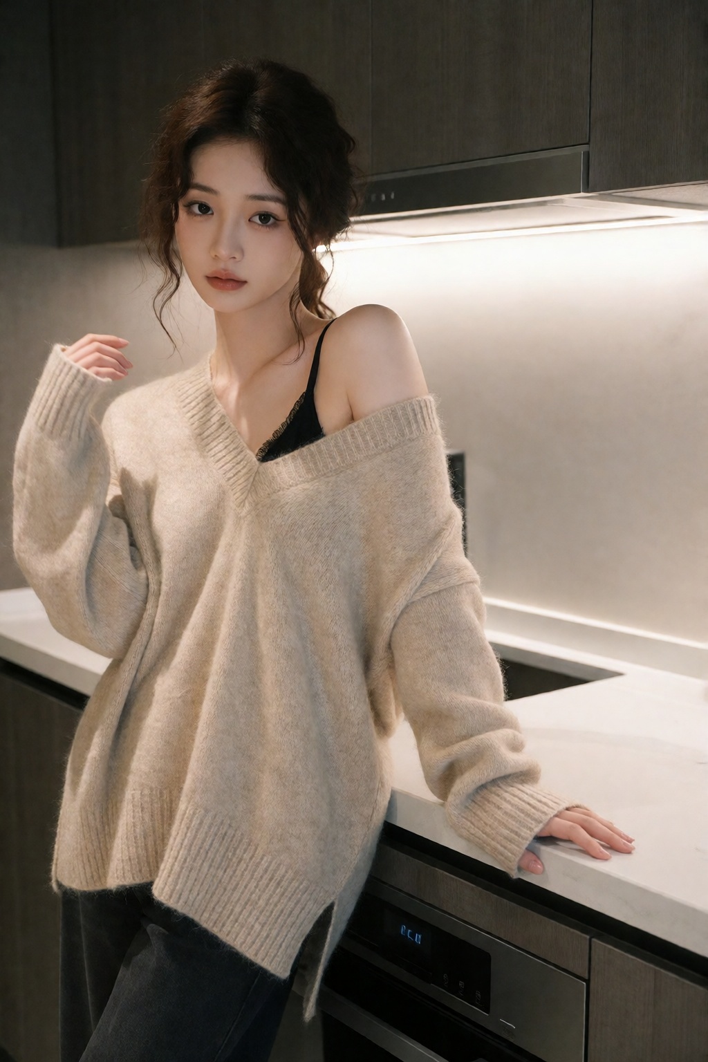 一位年轻女性站在现代简约风格的厨房中,  她身穿一件米色宽松V领针织毛衣,  毛衣质地柔软蓬松 by 让AI更感性 on Tensor.Art