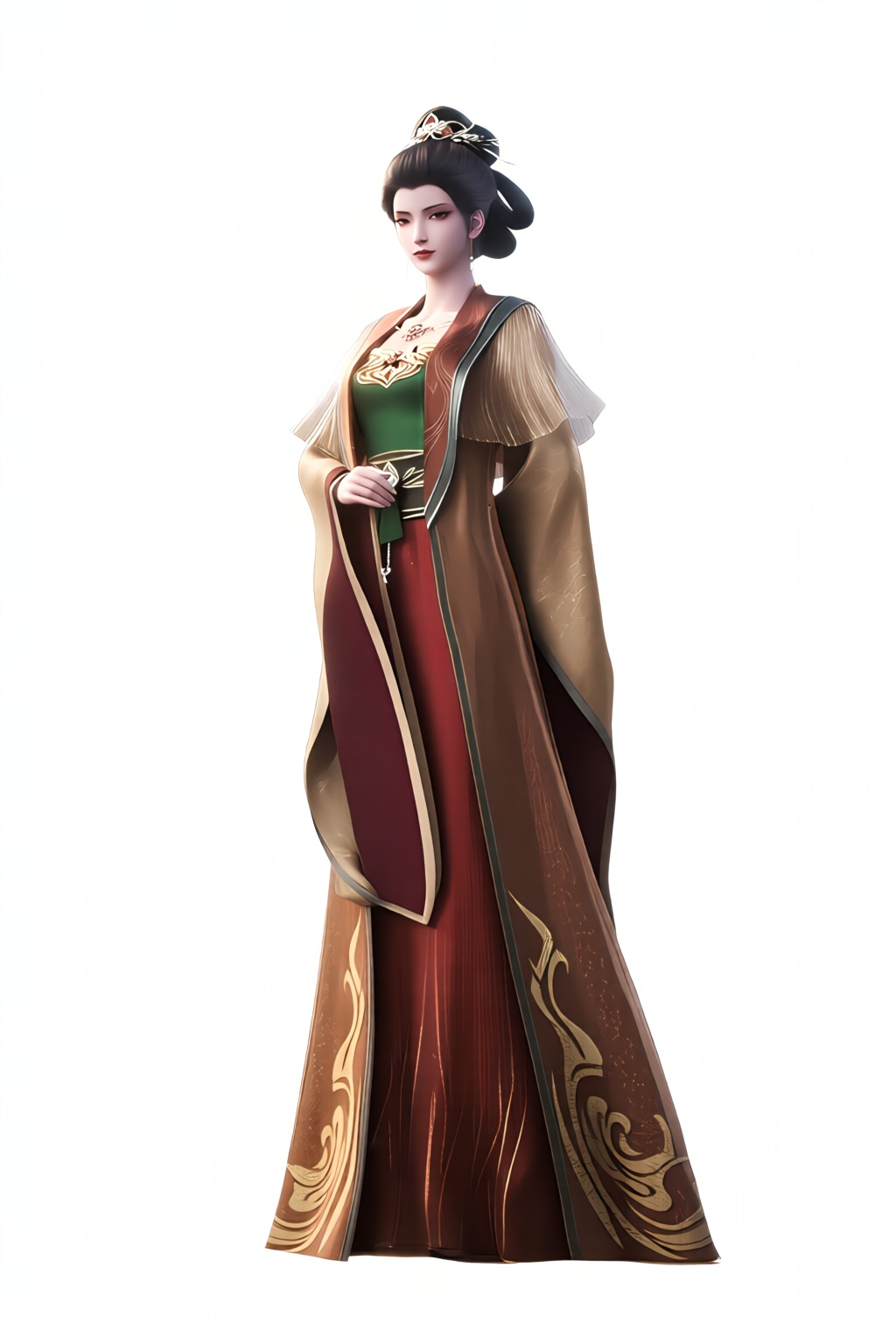 the image depicts a gracefully poised woman in an elaborate traditional east asian-inspired outfit,  her attire consists o...