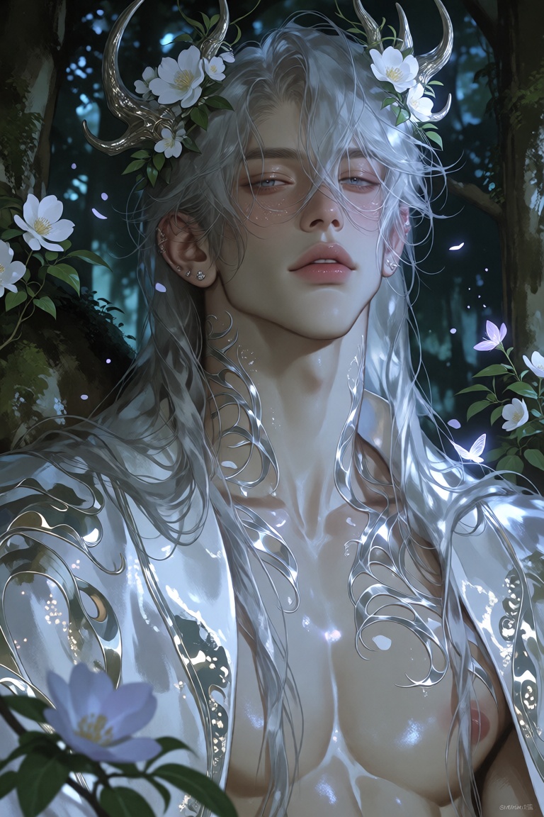 A serene portrait of a mystical forest guardian with long silver-white hair flowing gently beneath an ornate crown of flow...
